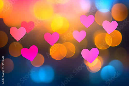 Glowing wireframe a dreamy bokeh effect with pink heart shapes on a dark blurred background, highlighted by a combination of blue and black data points romantic atmosphere