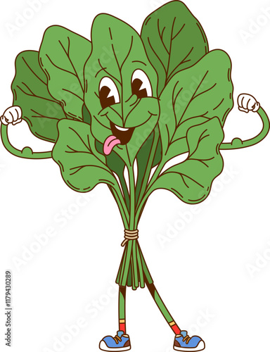 Cartoon spinach vegetable groovy character. Vegetarian food fresh vegetable 60s 70s cartoon personage. Farming ripe veggie vintage groovy isolated vector character or spinach leaves funny mascot