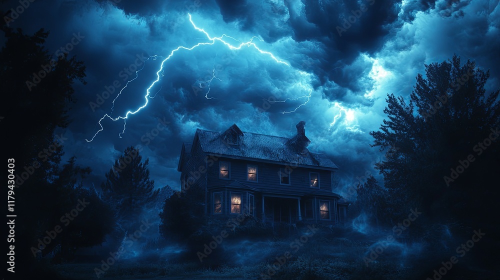 Fototapeta premium Haunted House Under a Stormy Sky: A Dark and Dramatic Scene