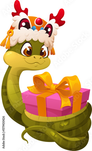 Valentine day cartoon snake character wearing festive Chinese lion dance hat, holding wrapped pink gift box with golden bow. Vector Asian reptile, serpent animal ready for Cny 2025 festive occasion