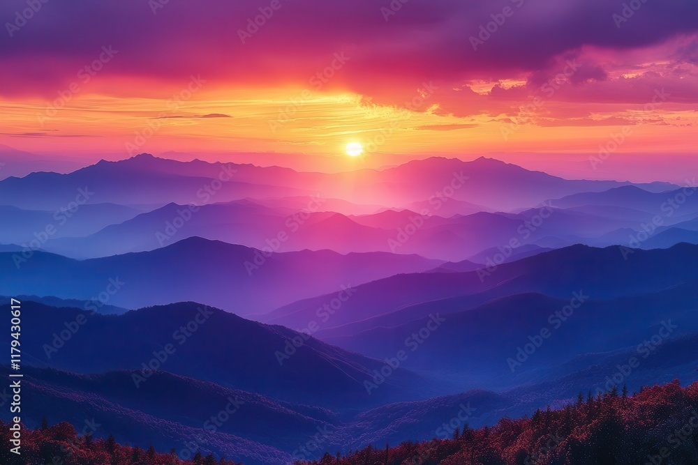 Fototapeta premium breathtaking mountain range panorama with dramatic sunset colors layered silhouettes of majestic peaks against vibrant orange and purple sky