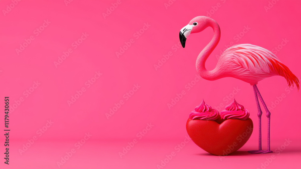 Fototapeta premium Flamingo and Heart, Valentine's Day, A vibrant image featuring a flamingo standing next to a designated text space, designed for high fidelity and enhanced visual appeal.