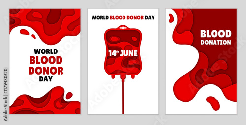 Blood donation and world blood donor day paper cut posters featuring a blood bag and fluid shapes in a papercut vector style, raising awareness and encouraging blood donation on June 14th celebration