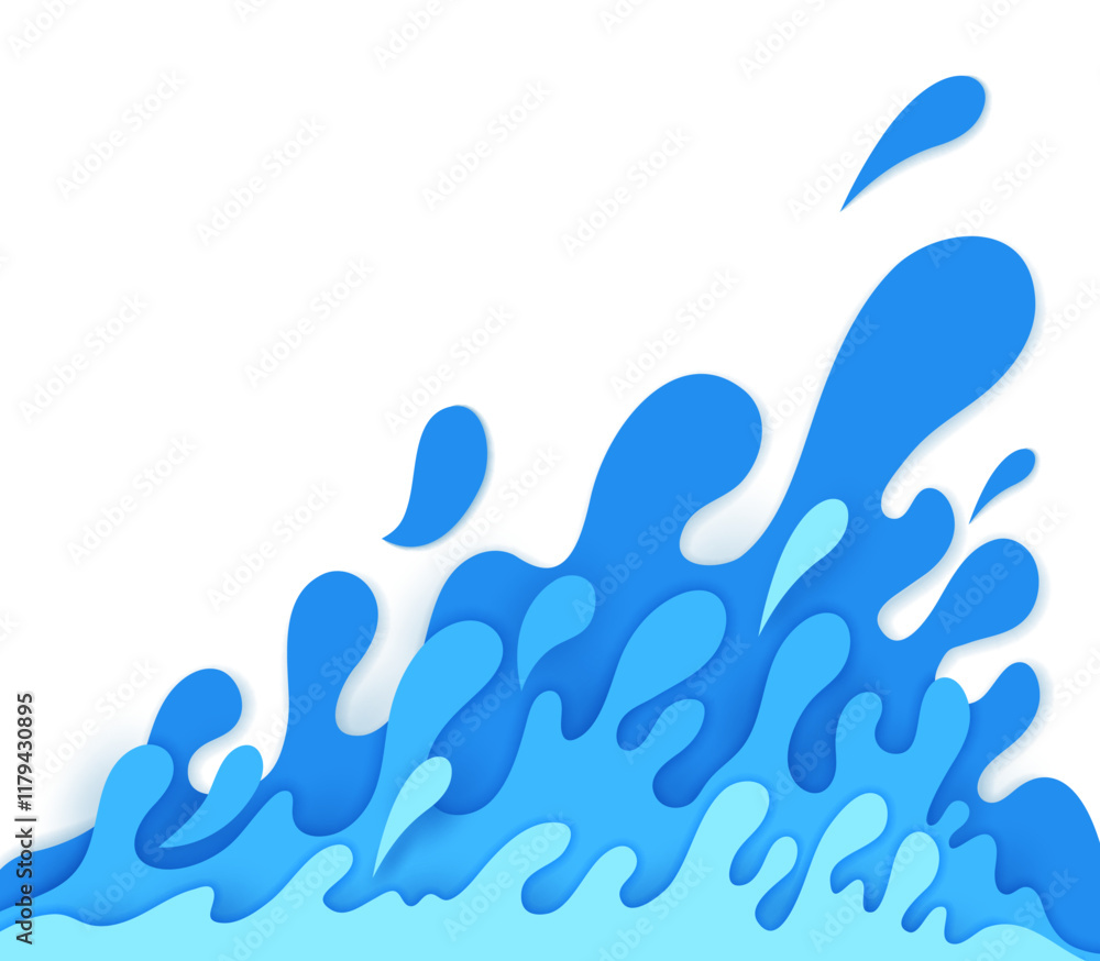Paper cut water splash. 3d vector blue fluid ripples, liquid splashing spatters on white background in a papercut style, symbolizing fluidity, natural freshness, water resources, drink or beverage Paper cut water splash. 3d vector blue fluid ripples, liquid splashing spatters on white background in a papercut style, symbolizing fluidity, natural freshness, water resources, drink or beverage