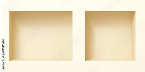 3d wall niches. Realistic vector two empty boxes, shelves on beige or creamy background. Shop, gallery showcase mockup for product presentation. Blank retail storage, exhibit space, interior bookshelf