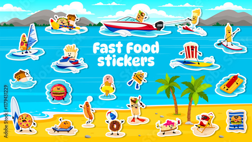 Cartoon fast food characters on summer beach, stickers pack. Vector personages engaging in fun water activities, such as surfing, paddleboarding, lounging, water skiing, and sunbathing under palm tree
