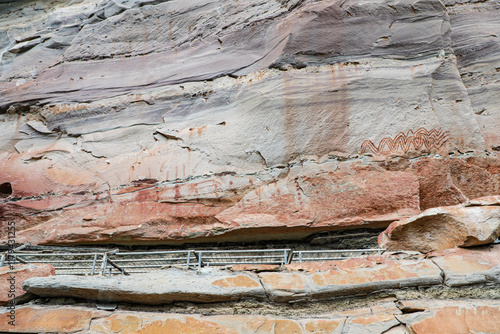 Pha Taem National Park, Ubon Ratchathani, Mekong River, see prehistoric paintings on the cliff, strangely shaped stone pillars and a small field of colorful flowers in late rainy season, early winter. photo