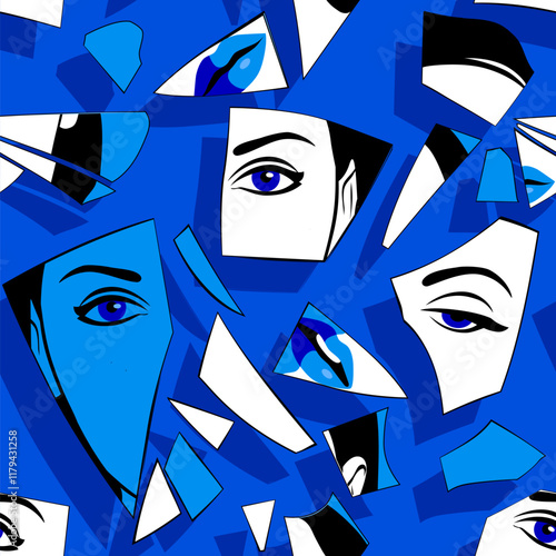 Seamless pattern background of shards of a broken mirror with a reflection of women's eyes and lips in blue colors. Vintage engraving stylized drawing. 
Vector illustration