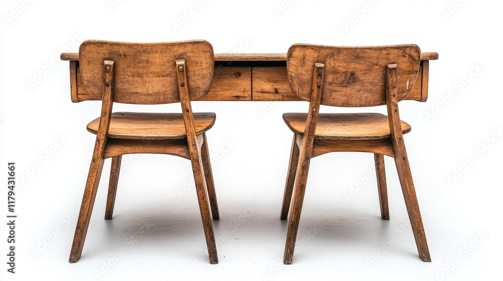 Rustic Wooden School Desk and Chairs. Generative AI Rustic Wooden School Desk and Chairs. Generative AI