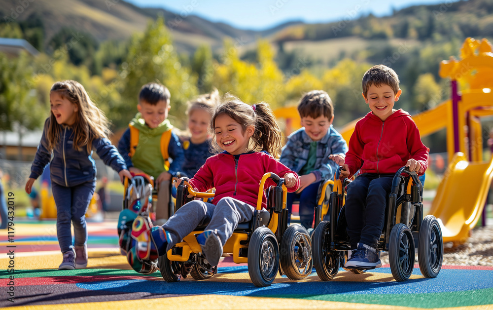 Children Playing Together in an Inclusive Playground with Bright Colors and Adaptive Equipment Children Playing Together in an Inclusive Playground with Bright Colors and Adaptive Equipment