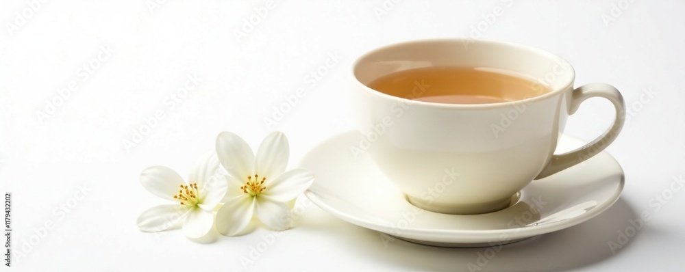 Delicate white cup of tea with fragrant jasmine flowers isolated on a clean white background, tea, delicate, white background Delicate white cup of tea with fragrant jasmine flowers isolated on a clean white background, tea, delicate, white background