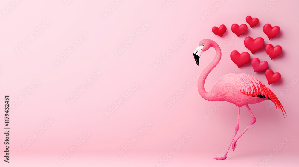 Fototapeta premium Flamingo and Heart, Valentine's Day, A vibrant image of a flamingo walking gracefully, suitable for various design projects and text placements in a high-fidelity format.