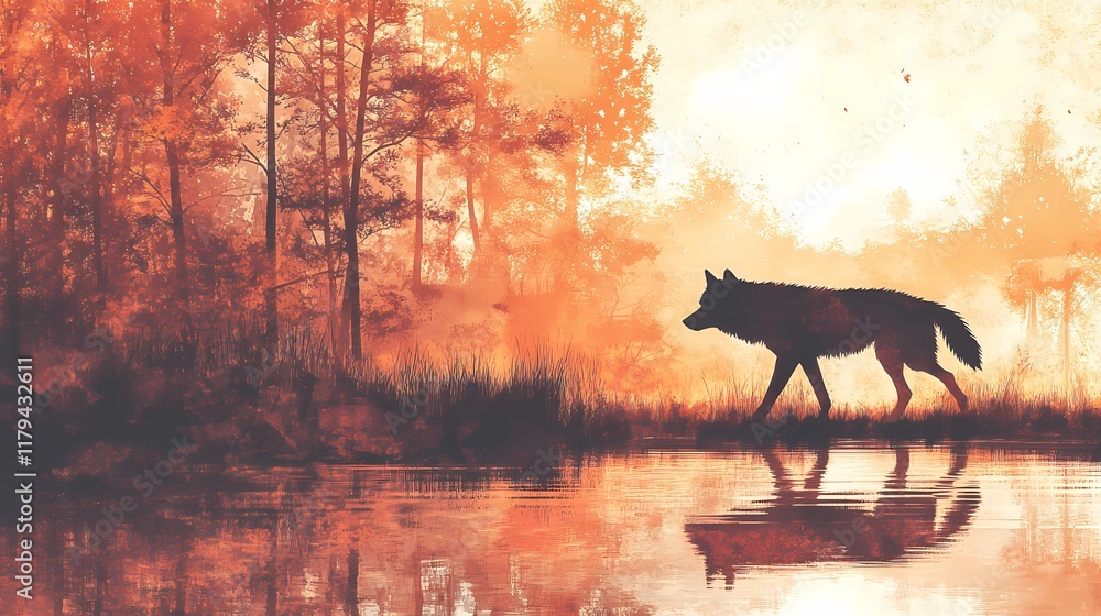 Wild wolf creating a mysterious atmosphere, style book illustration Wild wolf creating a mysterious atmosphere, style book illustration