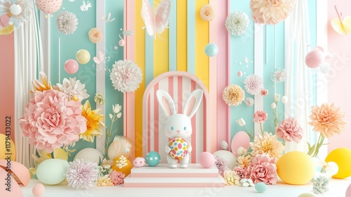 Cute Easter bunny surrounded by pastel flowers and colorful eggs