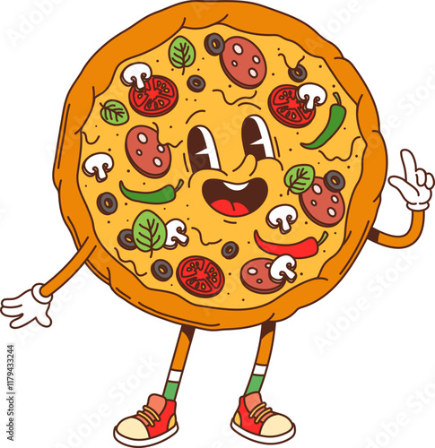 Cartoon groovy fast food pizza character. Takeaway restaurant or pizzeria menu meal cheerful cartoon mascot. Italian cuisine cafe or restaurant salami pizza vintage groovy vector funny character