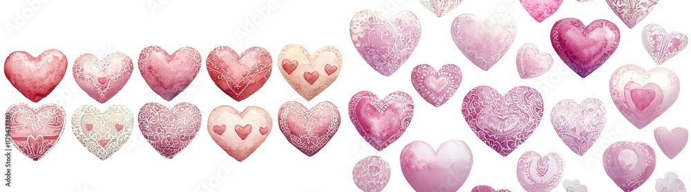3D Watercolor Valentine's Day Concepts, A collection of colorful hearts in various shades of pink and red, perfect for expressing love and affection in heartfelt designs. 3D Watercolor Valentine's Day Concepts, A collection of colorful hearts in various shades of pink and red, perfect for expressing love and affection in heartfelt designs.