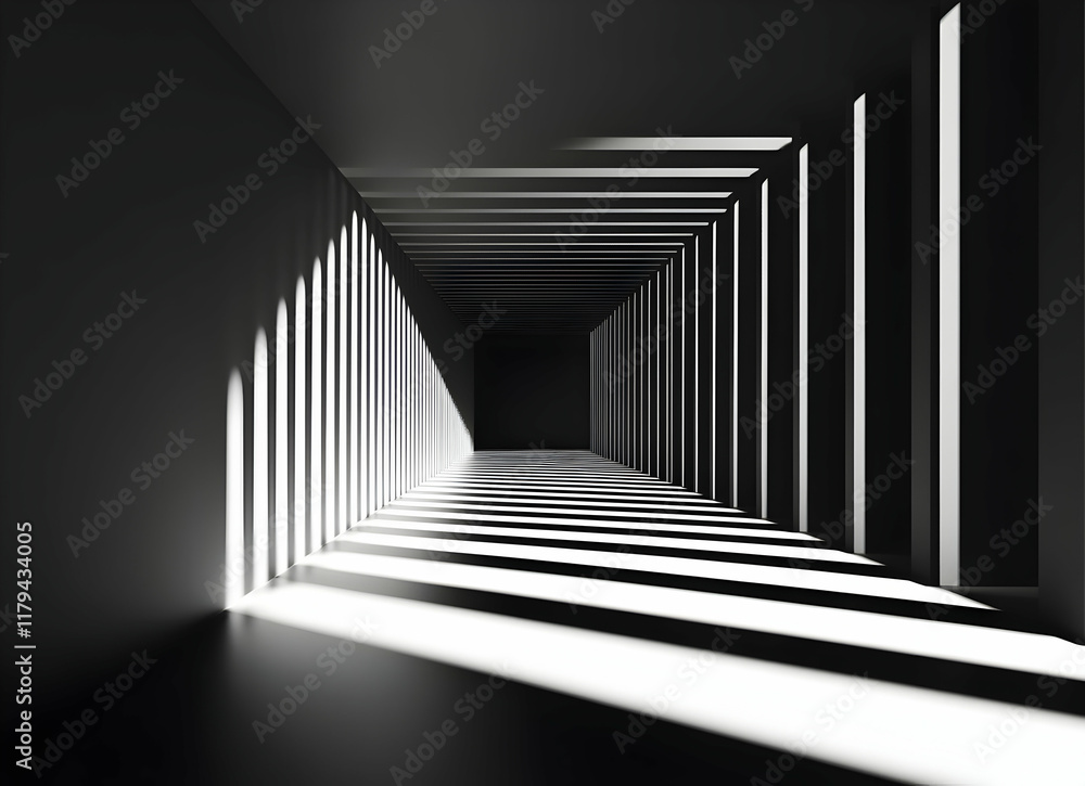Abstract Geometric Shadows in a Monochrome Architectural Corridor of Light and Dark Abstract Geometric Shadows in a Monochrome Architectural Corridor of Light and Dark