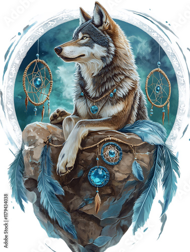 Majestic Wolf Surrounded by Dream Catchers and Gems