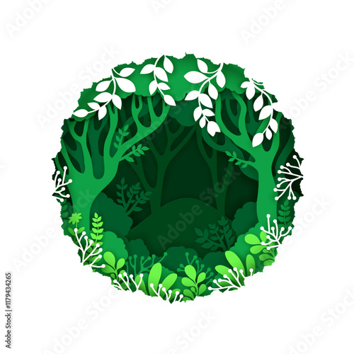 Paper cut green forest landscape with trees and foliage inside of 3d vector layered frame. Wood nature environment inside of border promotes ecology, environment, conservation and save planet themes