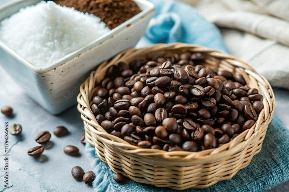 coffee beans in a sack coffee bean on white table with soft-focus and over light in the background. top view coffee beans in a sack coffee bean on white table with soft-focus and over light in the background. top view