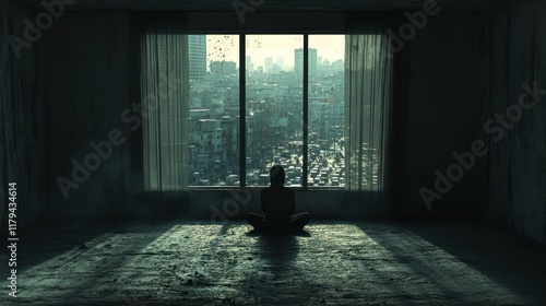 Silhouette of a person meditating indoors with a city skyline view at dusk. Generative AI