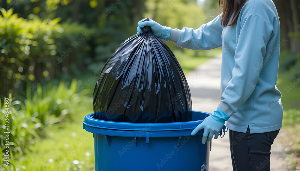 Fototapeta premium hand holding garbage black bag putting in to trash