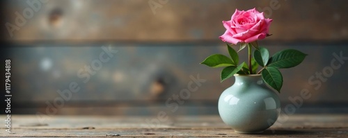 Wallpaper Mural A single pink rose blooms in a simple ceramic vase on a rustic wooden surface, bouquet, nature, vases Torontodigital.ca