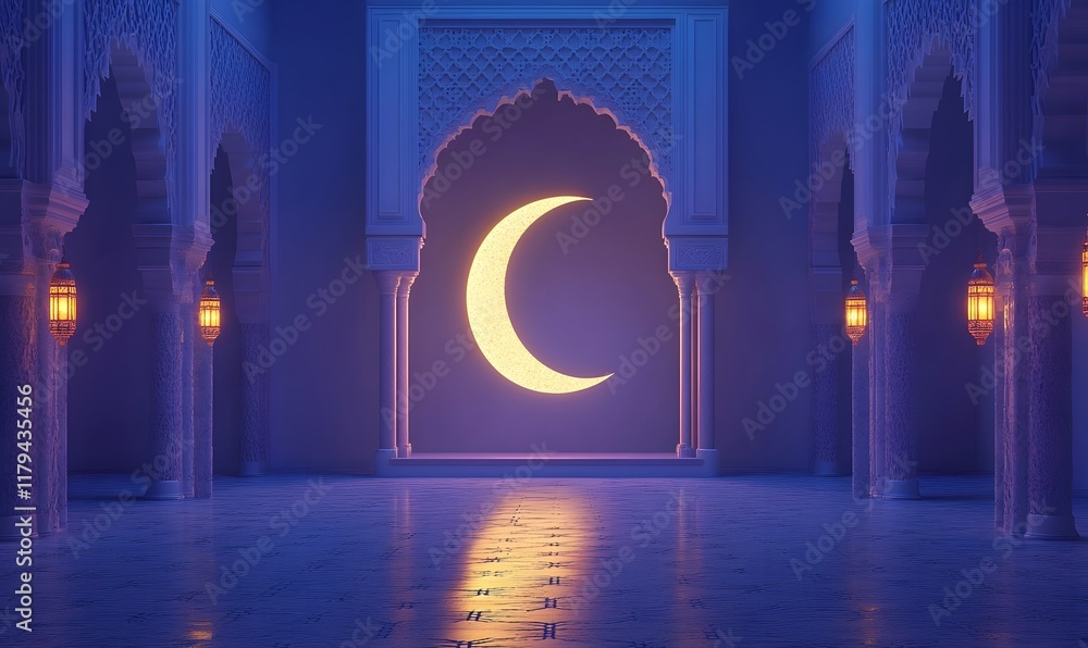 Fototapeta premium Crescent moon in ornate archway of Islamic architecture.