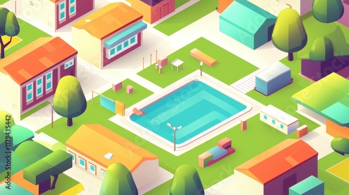 Colorful Neighborhood with Pool and Houses