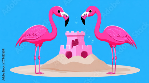 Flamingo and Heart, Valentine's Day, A digital illustration featuring flamingos building a heart, designed to provide ample space for text with high fidelity and rich colors. photo