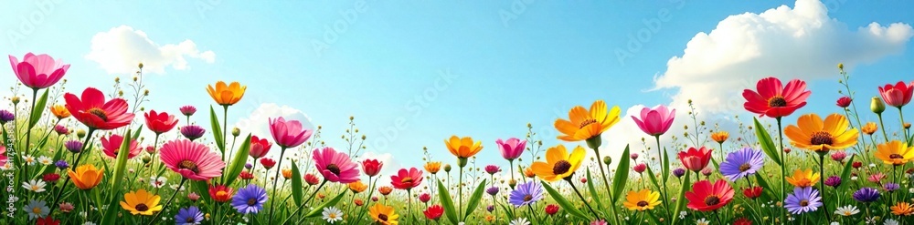 A burst of colorful flowers against a clear sky, flowers, wildflowers A burst of colorful flowers against a clear sky, flowers, wildflowers