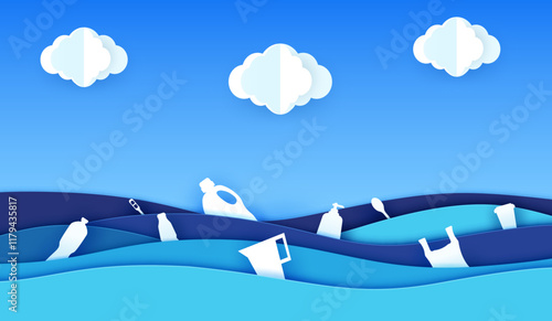 Polluted water with plastic items in sea or ocean waves in paper cut, vector background. Stop pollution, save sea ecology and ocean environment paper cut banner with plastic bottles and plastic bags