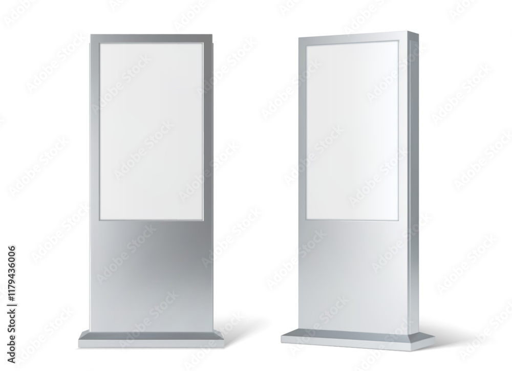 3D retail advertise information stand display mockup or lightbox, realistic vector. Retail information stand in frame, outdoor advertising light box or display billboard mock up of POS promotion board 3D retail advertise information stand display mockup or lightbox, realistic vector. Retail information stand in frame, outdoor advertising light box or display billboard mock up of POS promotion board