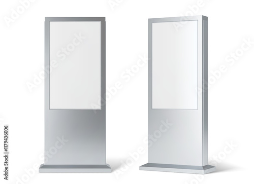 3D retail advertise information stand display mockup or lightbox, realistic vector. Retail information stand in frame, outdoor advertising light box or display billboard mock up of POS promotion board