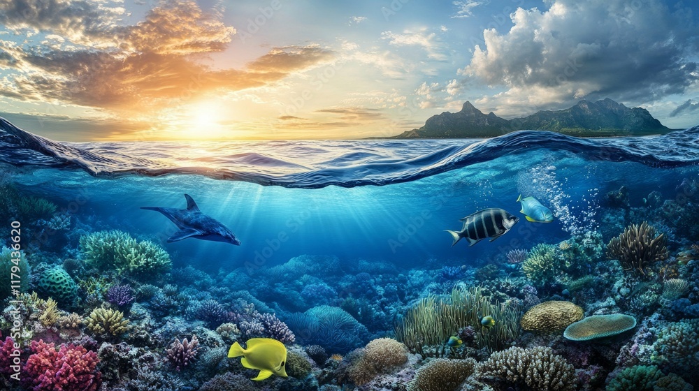 Vibrant Marine Life at Sunset: A Captivating View of Underwater Ecosystems and Scenic Island Landscape Vibrant Marine Life at Sunset: A Captivating View of Underwater Ecosystems and Scenic Island Landscape