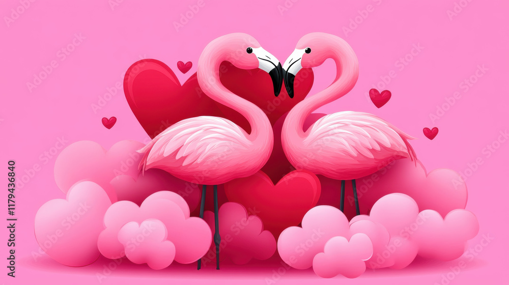 Fototapeta premium Flamingo and Heart, Valentine's Day, A colorful digital image featuring flamingos surrounded by a heart, designed for text placement in a high-fidelity format suitable for various uses.