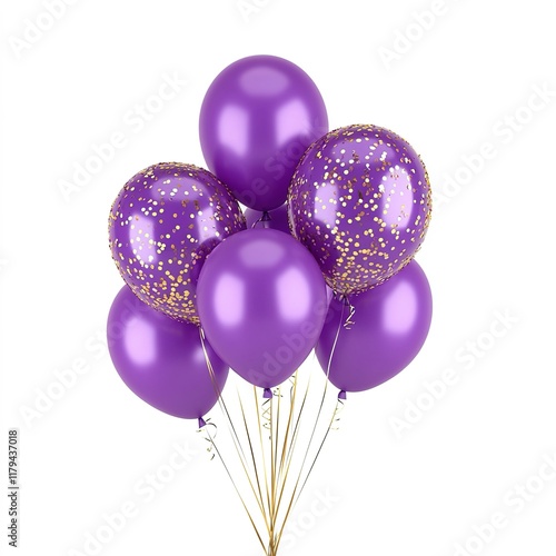 purple balloons withgolden glitter confetti , isolated on white background