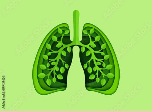 Paper cut lungs with green leaves tree for clean breath and nature protection, vector background. World lung day for health or save earth concept, paper cut green leaves in lungs for planet ecology