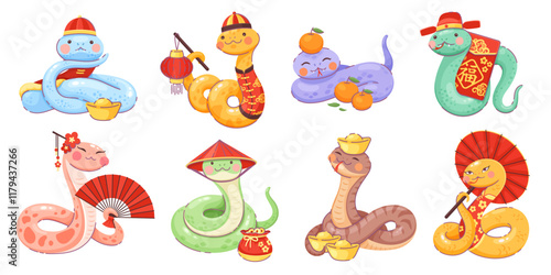 2025 lunar year cartoon snake characters. Chinese lunar calendar New Year reptile animals vector mascots set. Funny snakes characters with paper lantern, parasol and fan, wearing asian clothing photo