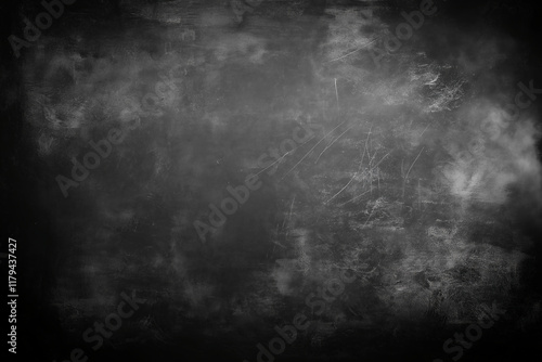 Black chalkboard background with space for text or design, Black chalkboard texture background, black texture background, Chalkdust in the air, blank copy area for a concept template. Generative Ai photo