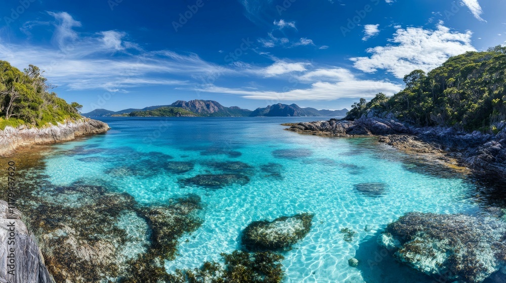 Fototapeta premium Breathtaking Coastal Landscape with Crystal Clear Waters and Lush Greenery Under a Vibrant Blue Sky