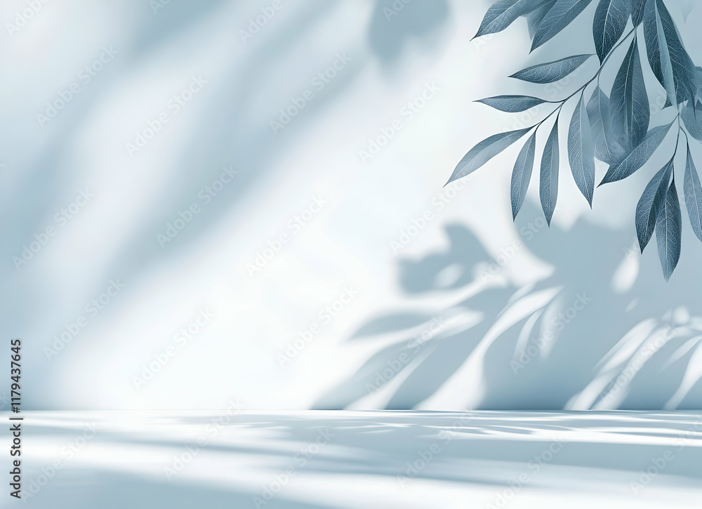 Obraz premium Elegant Sunlit Branches Casting Shadows in Minimalist Blue Monochrome Composition