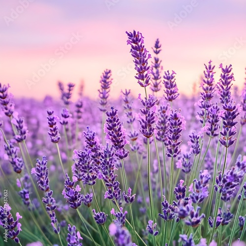 A field of lavender flowers in full bloom under a pastel-colored sky.