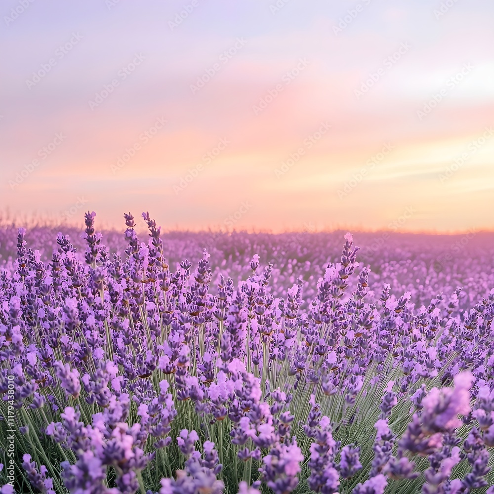 Naklejka premium A field of lavender flowers in full bloom under a pastel-colored sky.