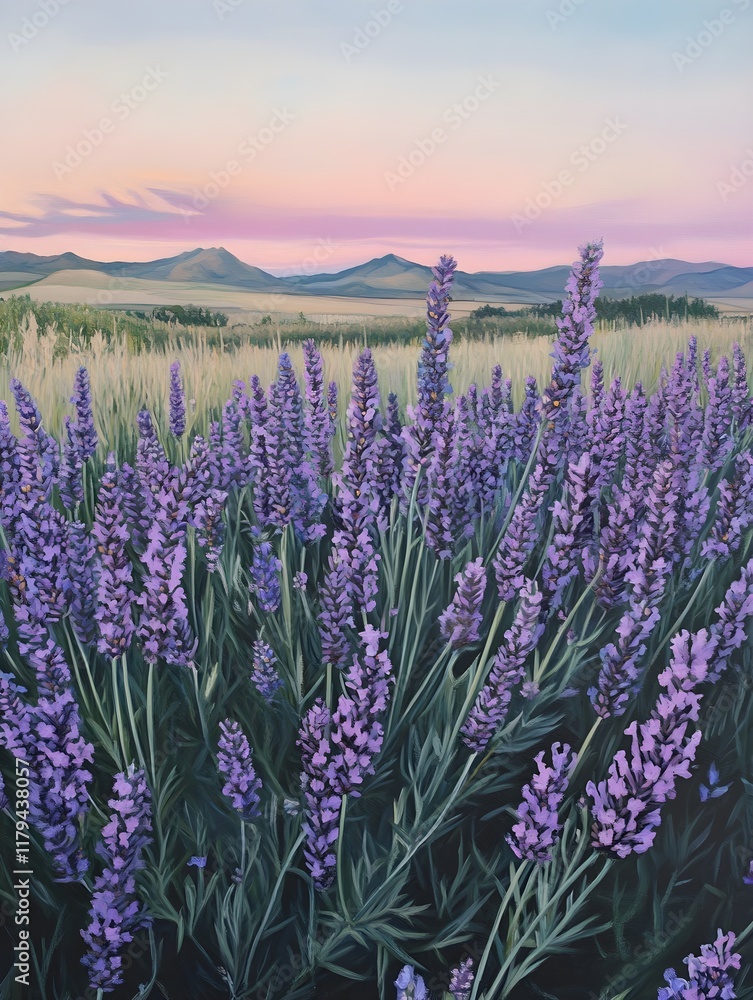 Obraz premium A field of lavender flowers in full bloom under a pastel-colored sky.