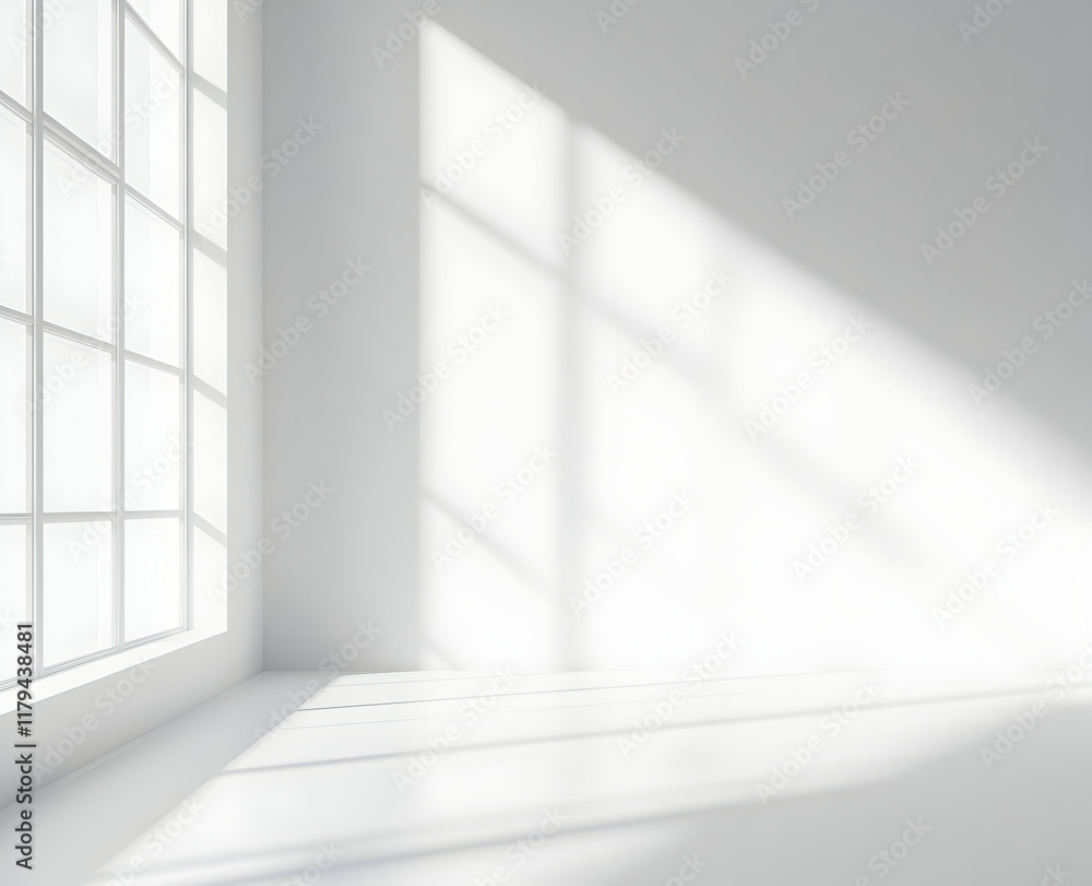 Minimalist Sunlit White Interior with Geometric Shadow Patterns on Wall and Floor Minimalist Sunlit White Interior with Geometric Shadow Patterns on Wall and Floor