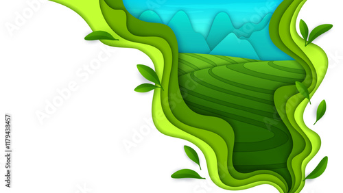 Paper cut landscape of tea plantations. 3d layered fluid frame with vibrant green leaves foliage and lush tea field hills. Vector natural and eco friendly theme of agriculture, environment and nature
