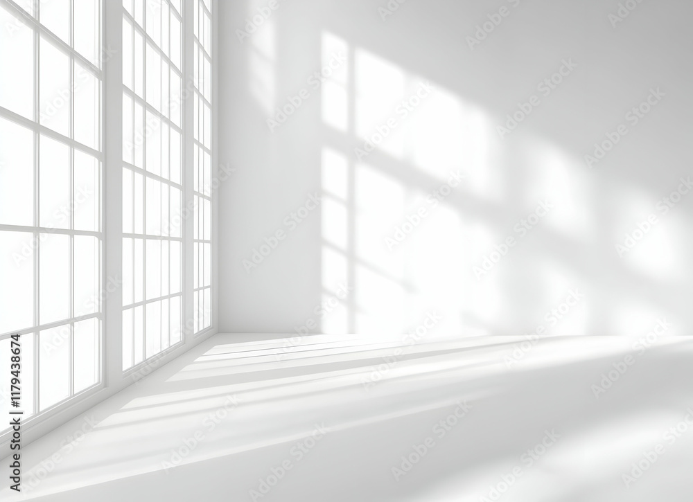 Obraz premium Bright Sunlit Room with Large Windows Casting Soft Shadows on White Walls and Floor