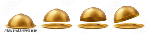 Golden dish tray opening animation, realistic 3d vector luxury restaurant dishware mockup with closed and open gold cloche lid. Cooking equipment, metal dome with platter for serving meals and foods