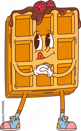 Retro groovy belgian waffle dessert character. Restaurant pastry meal vintage cartoon isolated vector funny character. Sweet dessert belgian waffle with chocolate and raspberries groovy cute personage